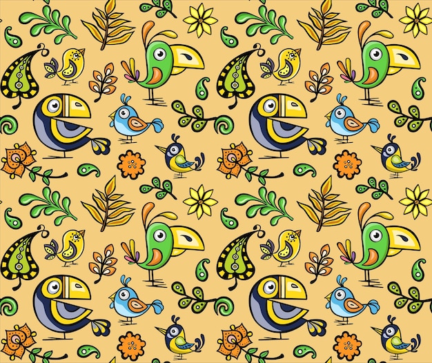 Motif Sans Couture Avec Illustration Vectorielle D'oiseaux Toucans Et Cacatous Dessinée à La Main