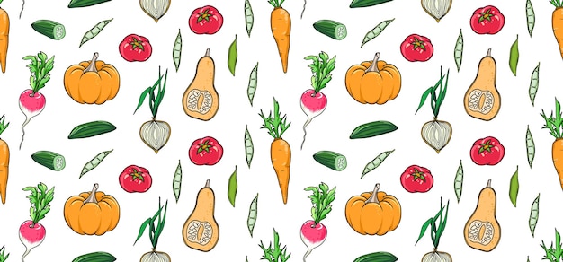 Vecteur motif sans couture avec des légumes dessinés à la main fond de nourriture végétarienne