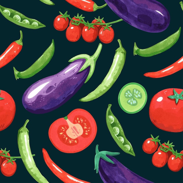 Motif Sans Couture Avec Des Légumes, Des Tomates, Des Pois Et Du Poivre Vector Dessiné à La Main Illustration Détaillée