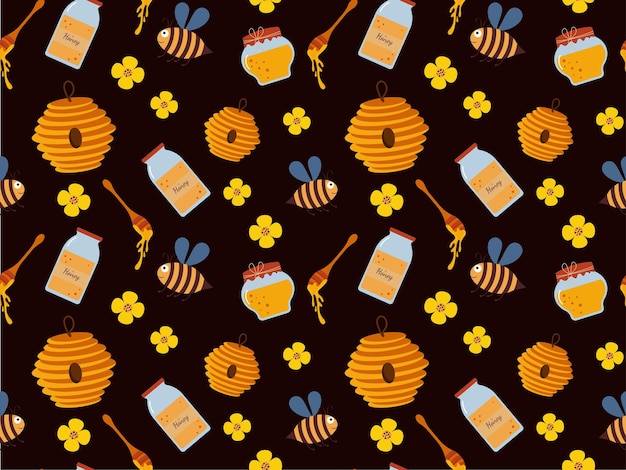 Vecteur motif sans couture de miel d'abeille fond d'apiculture avec pot de miel ruche d'abeille mignonne abeille colorée sans couture
