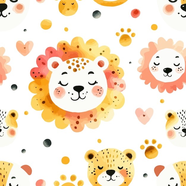 Motif Sans Couture Avec Un Mignon Lion Sauvage Illustration Vectorielle Dessinée à La Main