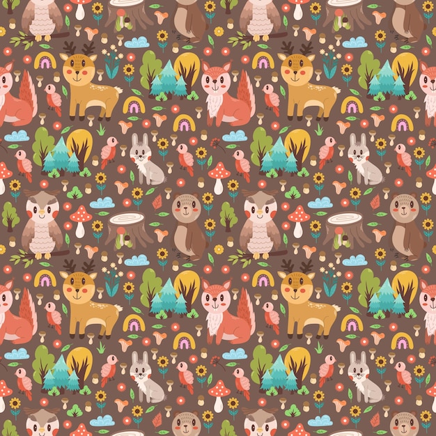 Vecteur motif sans couture avec de mignons animaux de la forêt écureuil hibou ours cerf lièvre sur un fond brun c