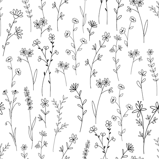 Vecteur motif sans couture monochrome floral avec des fleurs sauvages en ligne plantes de contour doodle sur blanc