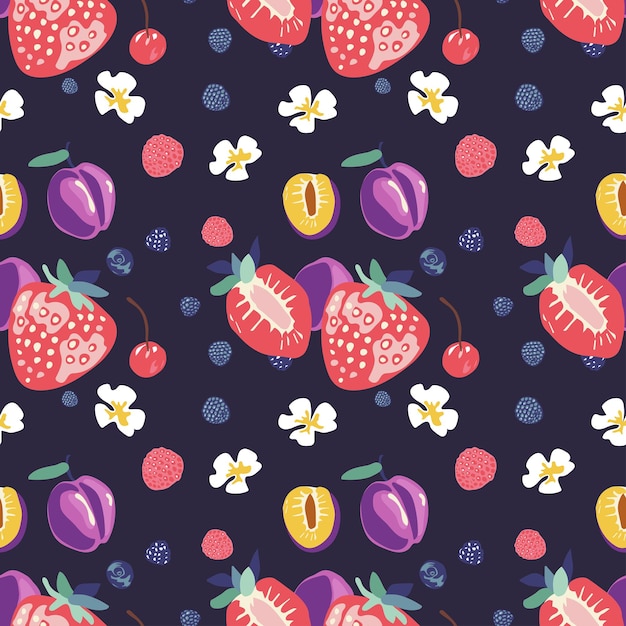 Vecteur motif sans couture avec des mûres, des marguerites, des fraises et des prunes