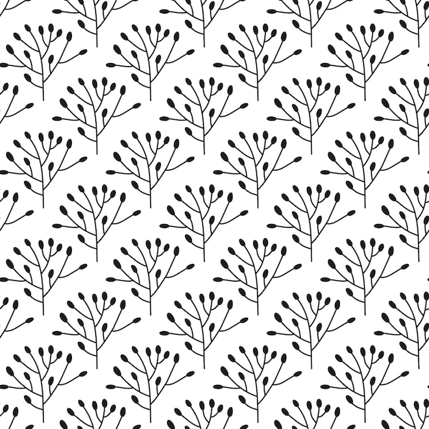 Vecteur motif sans couture noir et blanc avec des herbes et des baies sauvages griffonnées