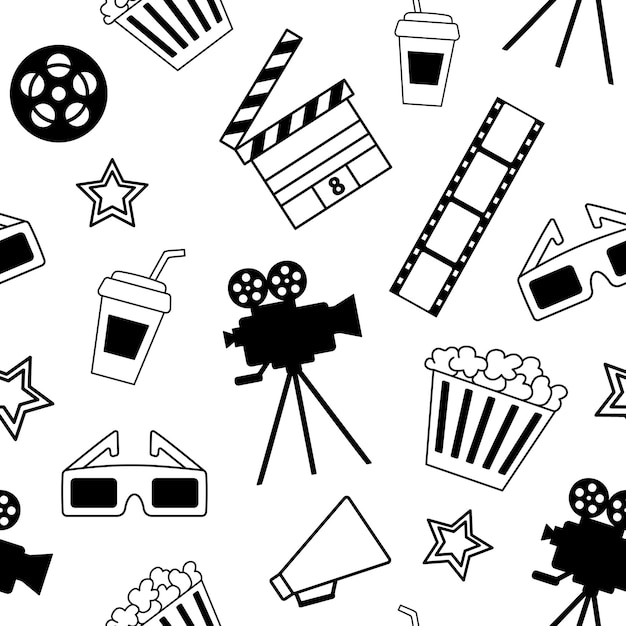 Vecteur motif sans couture avec des objets de cinéma camera film de pop-corn et lunettes