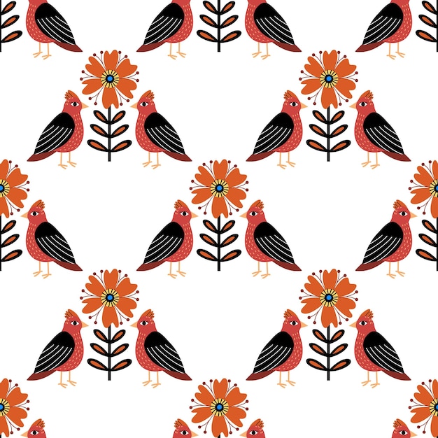 Vecteur motif sans couture avec ornements d'oiseaux motif d'impression de printemps folklorique avec fleurs et oiseaux vectoriels