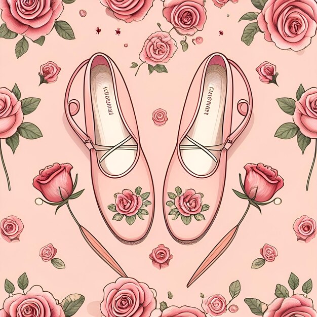 Vecteur motif sans couture avec de petites pantoufles de ballet élégantes et des roses sur un fond rose doux