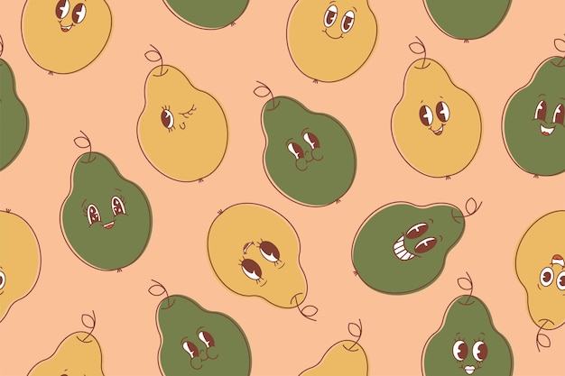 Un motif sans couture de poires dans le style kawaii avec des yeux Happy cute cartoon poires emoticon set illustration vectorielle d'une nourriture végétarienne saine