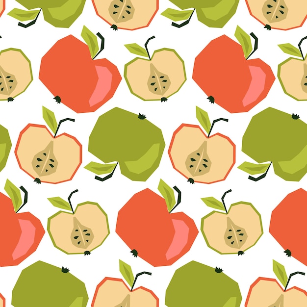 Motif sans couture avec des pommes vertes rouges mûres et des moitiés Arrière-plan enveloppé dessin de style Applique