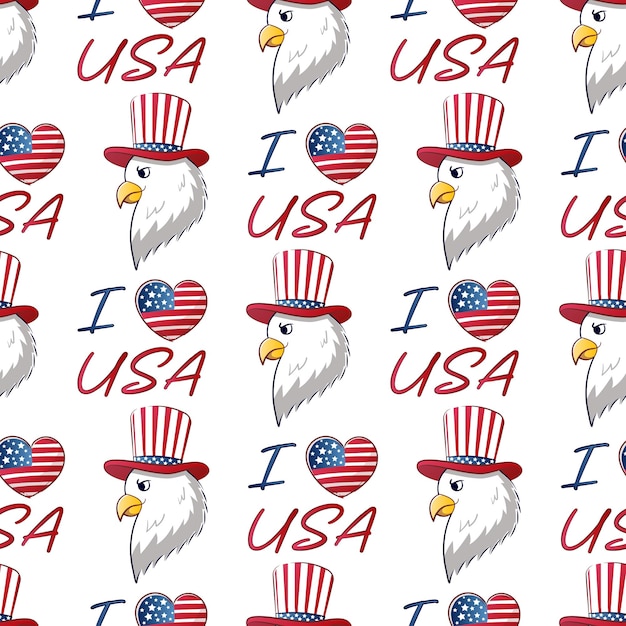 Vecteur motif sans couture pour le 4 juillet, jour de l'indépendance des états-unis, avec un aigle de dessin animé dans un chapeau haut.