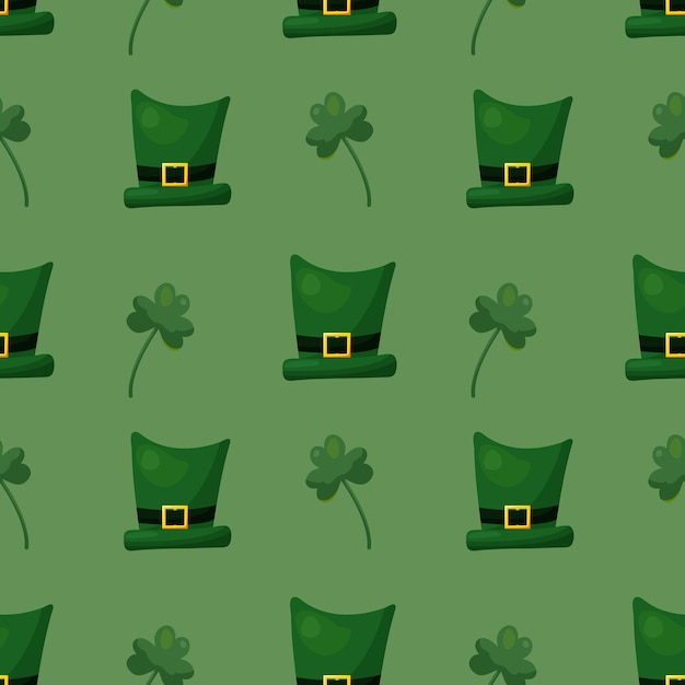 Motif Sans Couture Pour La Fête De Saint-patrick Avec Des Chapeaux Verts Et Des Brindilles De Trèfle Sur Fond Vert