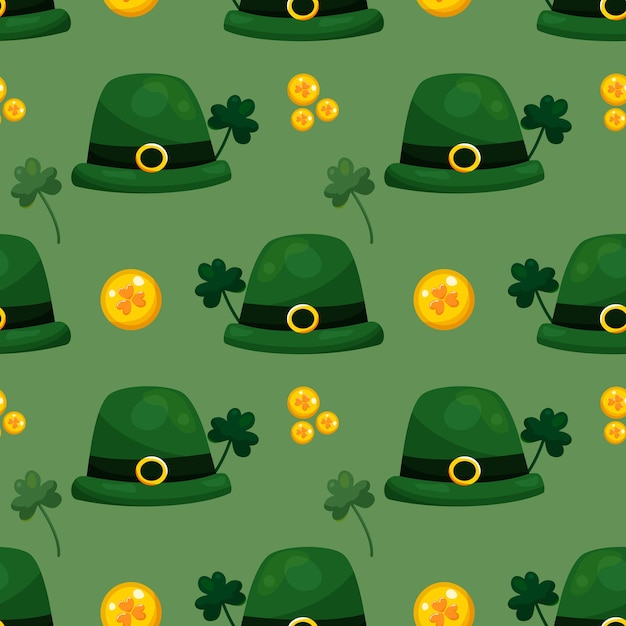 Motif Sans Couture Pour La Fête De Saint-patrick Avec Des Chapeaux Verts, Des Pièces D'or Et Du Trèfle Sur Fond Vert