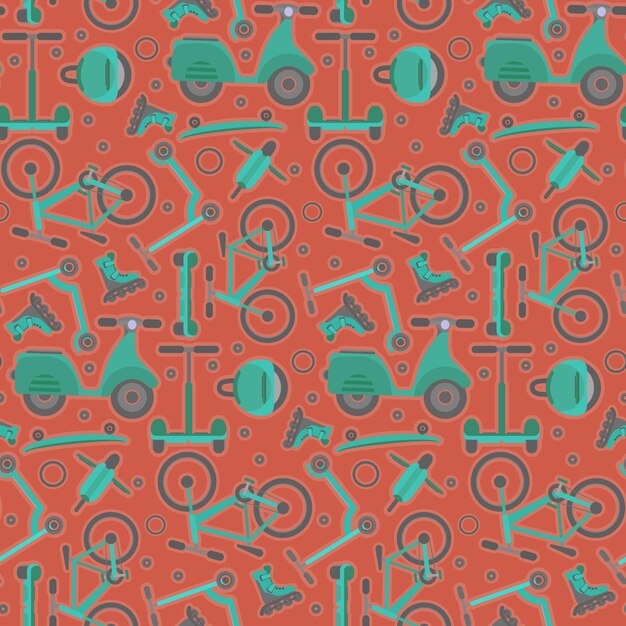 Vecteur motif sans couture en terre cuite avec contraste aquamarine vélos et scooters pour adolescents sur fond rouge. texture de transport urbain pour les jeunes en bleu et vert pour le textile, le papier d'emballage, l'emballage