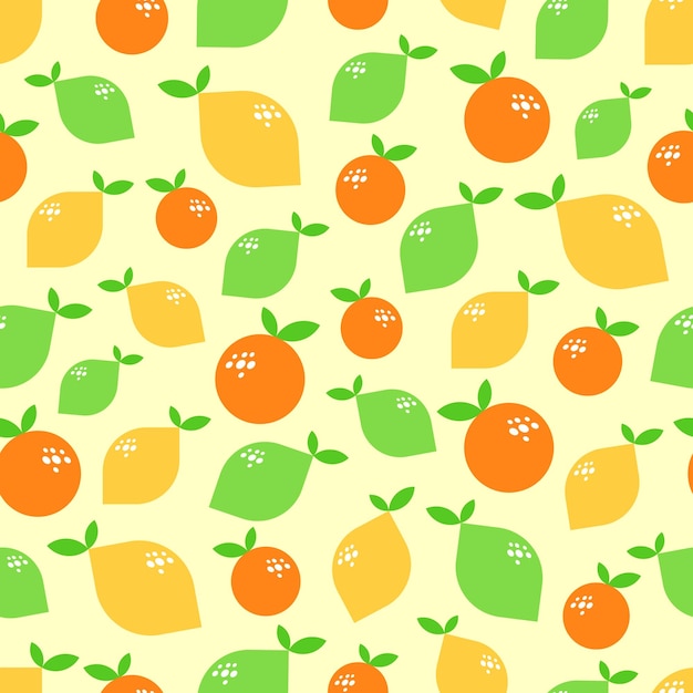 Motif sans couture vectoriel avec du jaune citron vert citron et de l'orange sur fond jaune