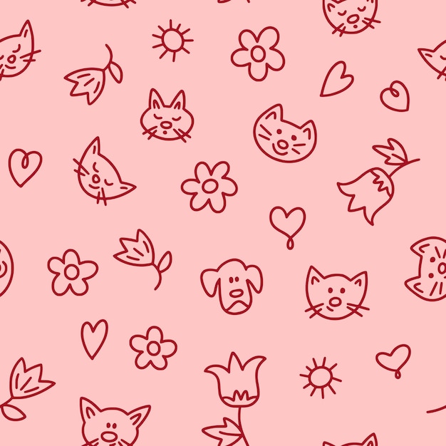 Motif sans couture avec des visages de chats dans le style doodle fleurs de chien drôles cœurs sur un fond rose vecteur