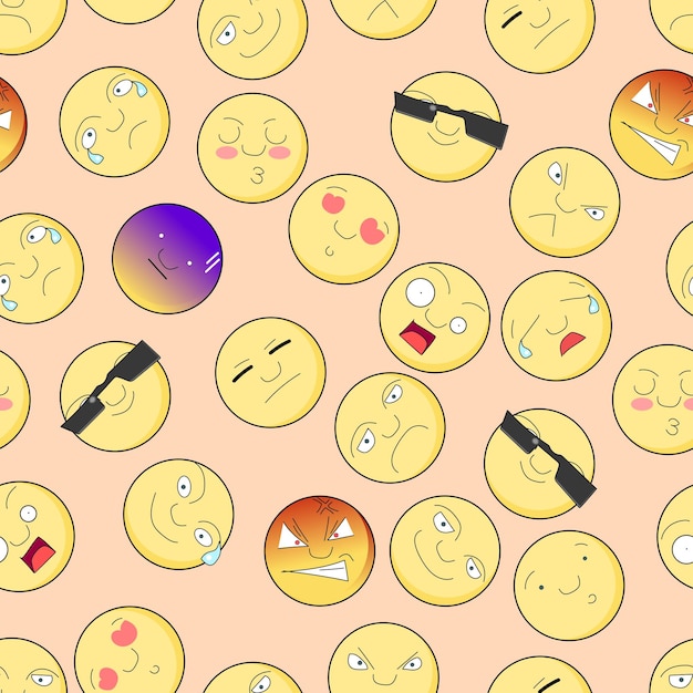 Vecteur un motif de smileys avec différentes émotions sur fond rose.