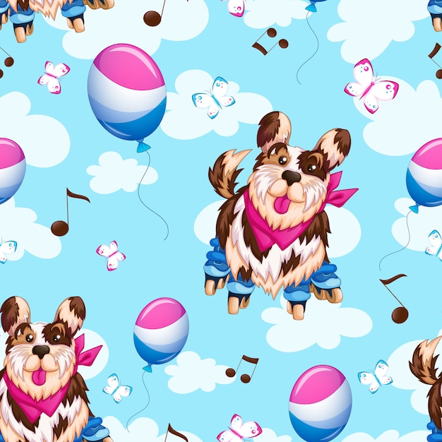 Vecteur motif sportif chien drôle sur patins à roulettes, ballons, ciel et nuages.