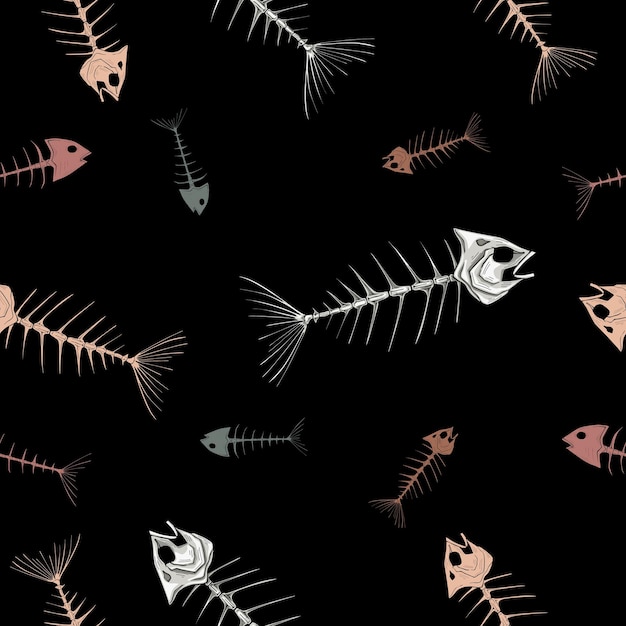 Motif De Squelettes De Poissons Sur Fond Noir. Illustration Vectorielle