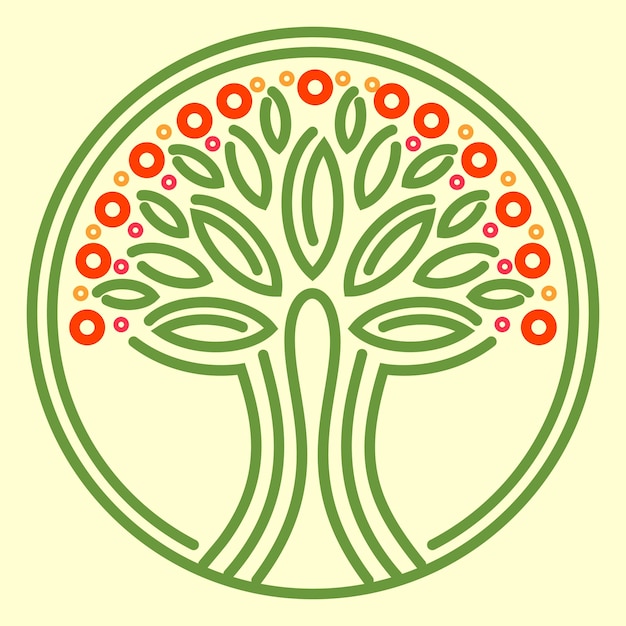 Vecteur motif symétrique avec arbre vert et fruits à l'intérieur d'un cercle vert modèle vectoriel pour la conception illustration en couleur