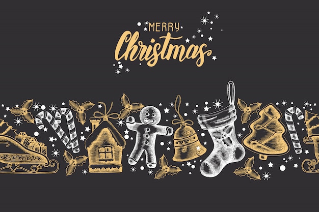 Motif Tendance Sans Couture Avec Objets De Noël Doré-noir Dessinés à La Main