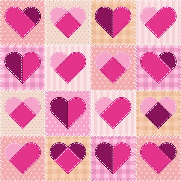 Motif textile patchwork avec des formes de coeur cousues. Arrière-plan de conception de courtepointe sans couture