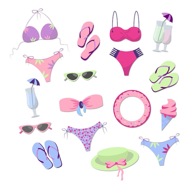 Motif Sur Un Thème Estival. Maillots De Bain Et Accessoires Pour Femmes. Illustration Vectorielle.