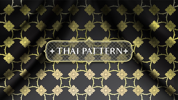 Vecteur motif traditionnel thaïlandais abstrait doré, reliant les fleurs, sur fond de tissu en soie courbe noire ondulée lisse