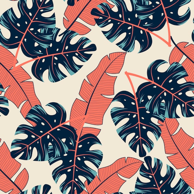 Motif Tropical Abstrait Sans Couture Avec Des Plantes Colorées Et Des Feuilles Sur Fond Beige