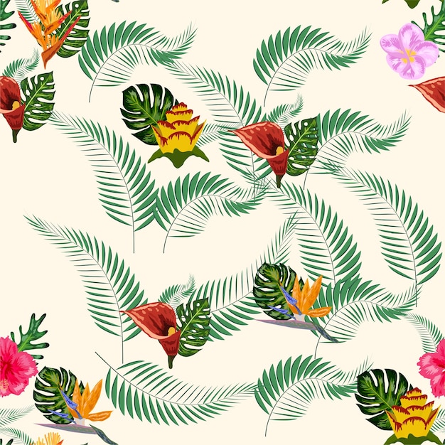 Motif Tropical Harmonieux Avec Des Feuilles De Palmier Monstera Et De Nombreuses Fleurs D'hibiscus Sterlitz Tropical