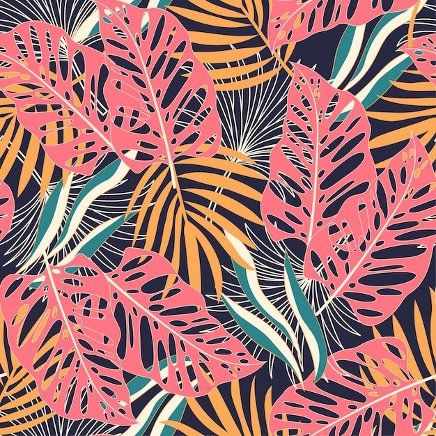 Motif Tropical Harmonieux à La Mode Avec Des Plantes Lumineuses Et Des Feuilles Sur Fond Sombre