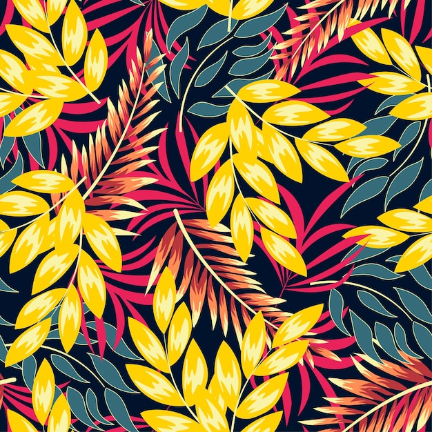 Motif Tropical Harmonieux à La Mode Avec Des Plantes Lumineuses Et Des Feuilles Sur Fond Sombre