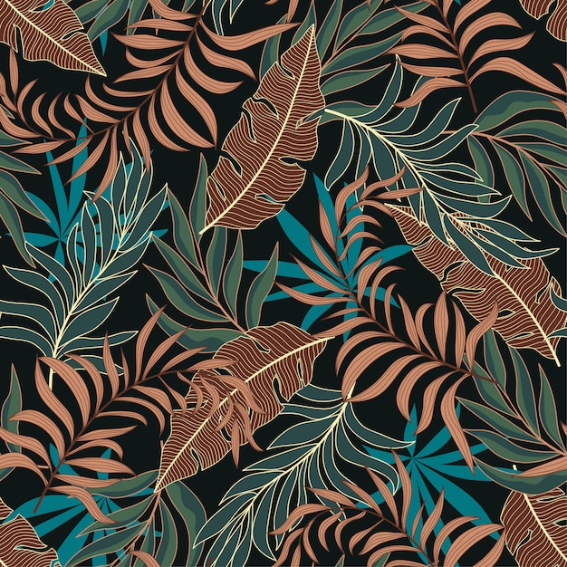 motif tropical sans soudure avec des plantes et des feuilles marron et vert vif
