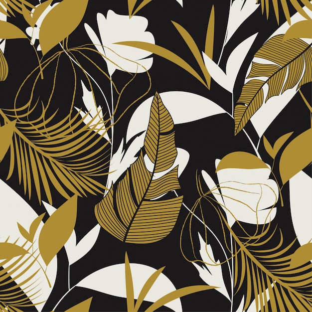 Motif Tropical Sans Soudure Tendance Avec Des Feuilles, Des Fleurs Et Des Plantes Aux Couleurs Vives