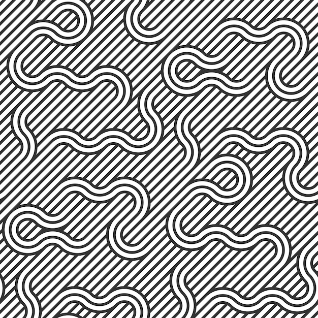 Motif vectoriel harmonieux doublé de lignes torsadées, abstrait géométrique, filet à rayures, labyrinthe optique, réseau web. Conception en noir et blanc.