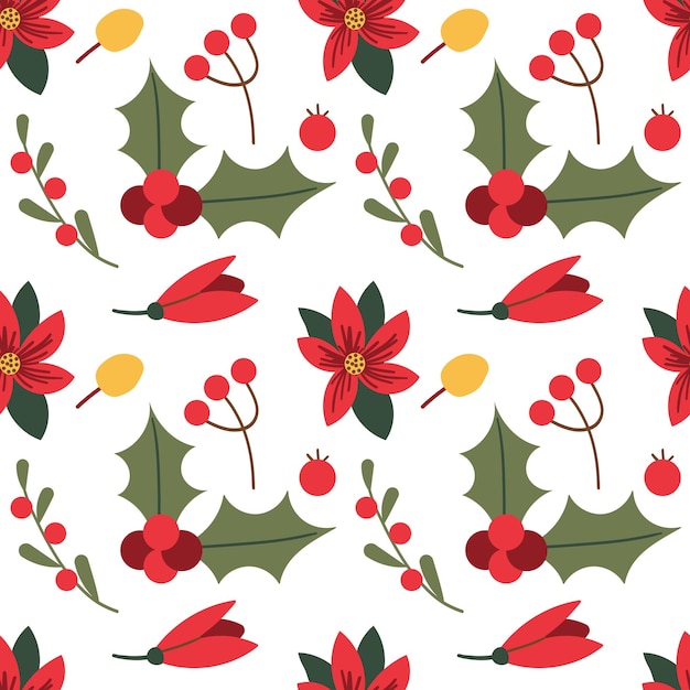 Motif vectoriel de la nouvelle année La nouvelle année dessinée à la main baies rouges baies feuilles vertes sur fond blanc pour Noël et l'hiver papier et imprimé textile