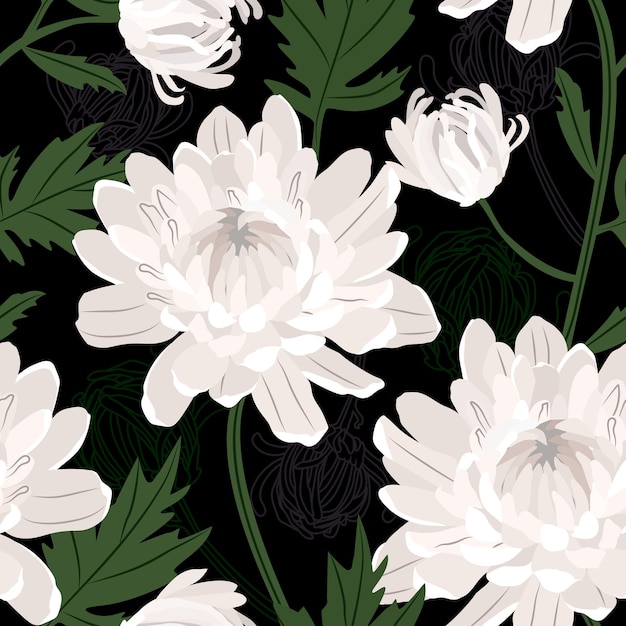 Motif Vectoriel Sans Couture Avec Des Fleurs De Chrysanthème Bouquet De Fleurs Sur Fond Noir