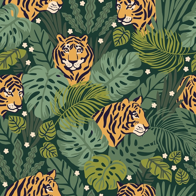 Vecteur un motif vectoriel sans couture avec des tigres dans la jungle pour le papier peint en tissu et le papier cadeau