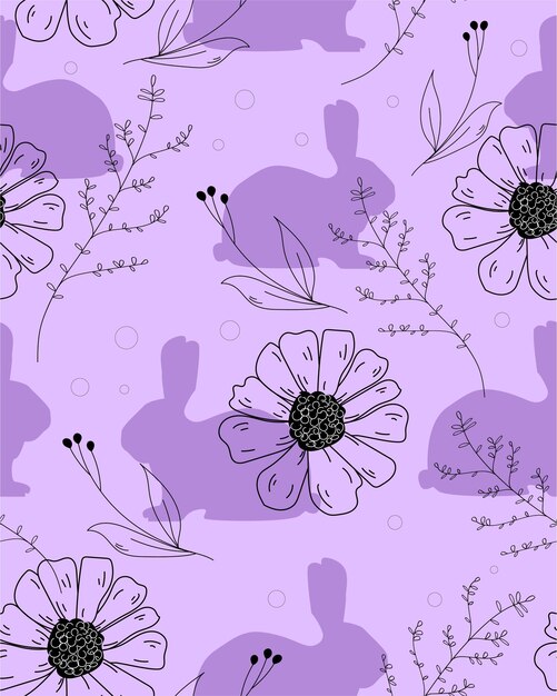 Motif Violet Avec Fleurs Et Lapins