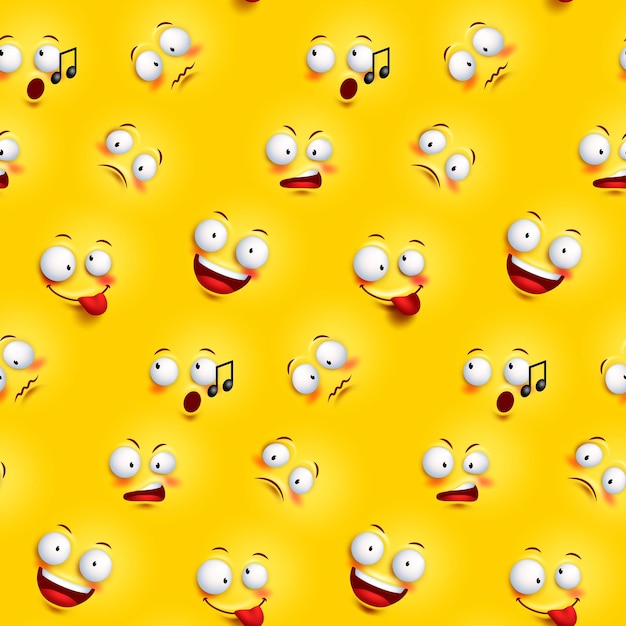 Motif de visage emoji sans couture avec des expressions faciales amusantes sur fond jaune continu