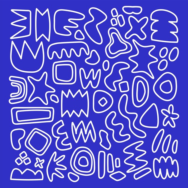 Des motifs abstraits bleus et blancs avec des formes ondulées en zigzag et en étoiles, un fond bleu avec des contours blancs, un design abstrait dynamique et ludique, un ensemble de formes vectorielles funky.