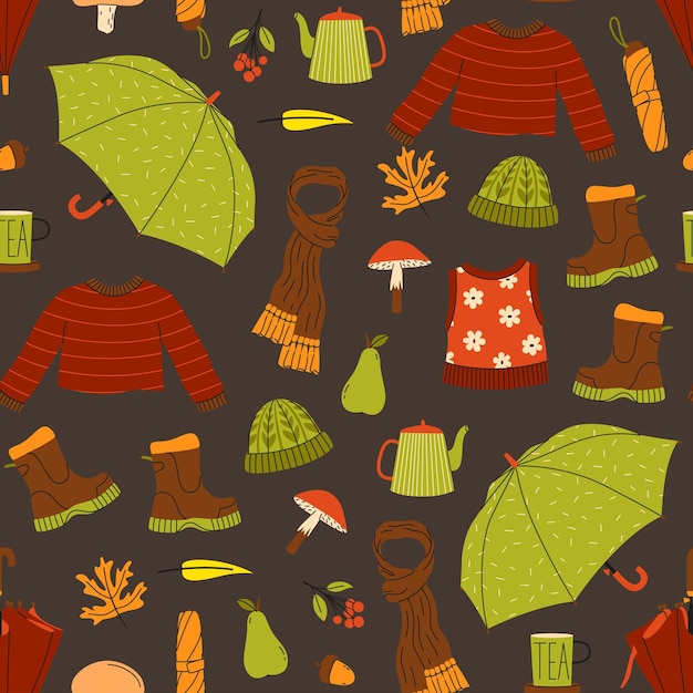 Des motifs confortables et sans couture avec des vêtements d'automne, des pulls, des parapluies et des bottes en caoutchouc, une illustration vectorielle, une collection de saisons colorées.