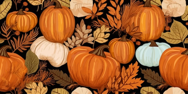 Des Motifs Décoratifs D'automne Sans Couture Avec Des Citrouilles Et Des éléments De Saison, Des Glands, Des Feuilles De Plantes.