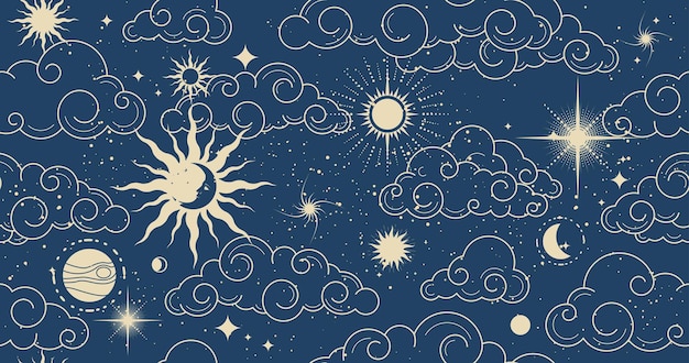 Vecteur des motifs d'espace mystique sans couture avec des nuages, de l'astrologie, de la magie, des nuages dans le style du tarot.