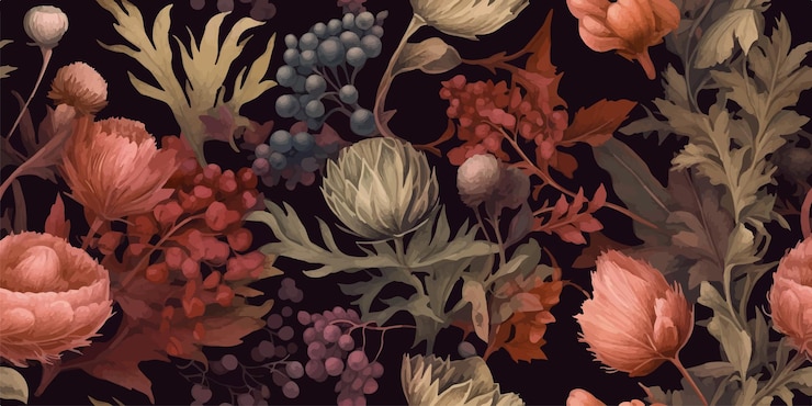 Vecteur des motifs floraux colorés, des thistles, des feuilles, des champignons aux teintes d'automne sur un fond sombre.