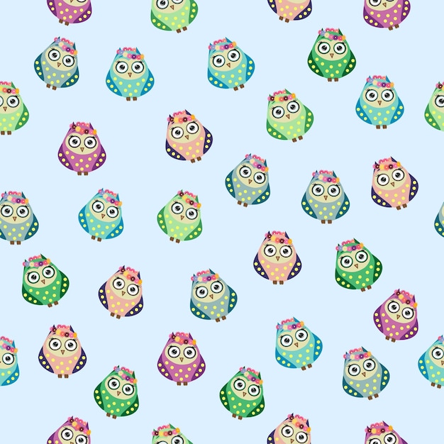Des motifs de hiboux colorés sans couture pour enfants avec des fleurs, des nuages et des branches