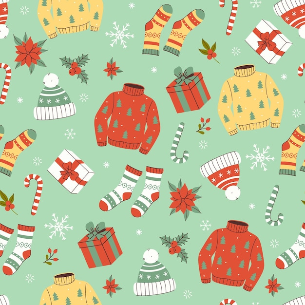 Des motifs de Noël sans couture avec des vêtements d'hiver, des cadeaux, des fleurs, des bonbons, des cannes, des graphiques vectoriels.