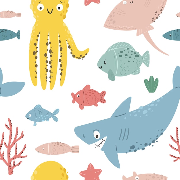 Vecteur des motifs sans couture avec des animaux marins, des motifs pour enfants, un thème marin vectoriel.