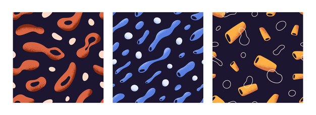 Vecteur des motifs sans couture définis des formes fluides abstraites répétant des dessins d'impression des arrière-plans sans fin avec des éléments créatifs des figures coulantes illustrations vectorielles plates colorées pour le papier peint en tissu textile