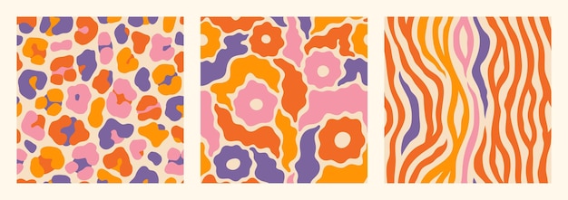 Vecteur motifs sans couture groovy sertis de fleurs de marguerite léopard et de fond vectoriel abstrait psychédélique zèbre